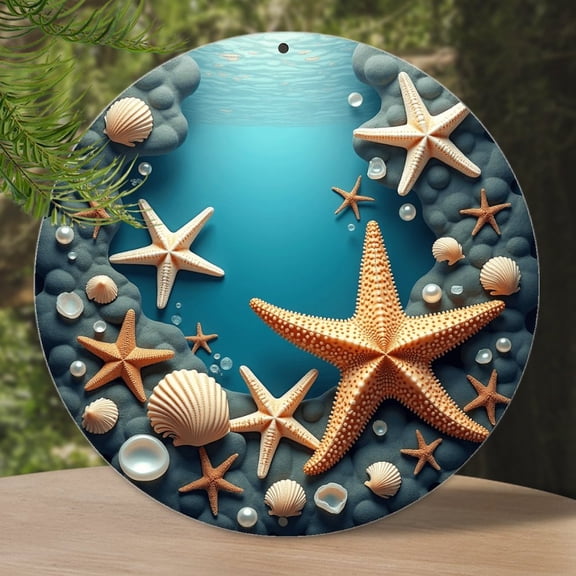 Round Metal Tin Sign Rustic Wall Decor Seashells Starfish Beach Metal Sign Plaque for Home Garden Kitchen Bar Cafe Restaurant Garage Retro Vintage Wall Art 8x8 Inch