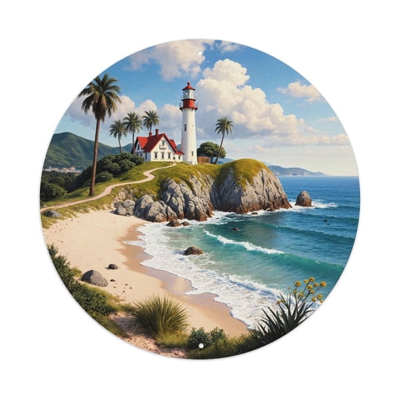 Round Metal Tin Sign Rustic Wall Decor Seaside Lighthouse Round Metal Sign Plaque for Home Garden Kitchen Bar Cafe Restaurant Garage Retro Vintage Wall Art 8x8 Inch