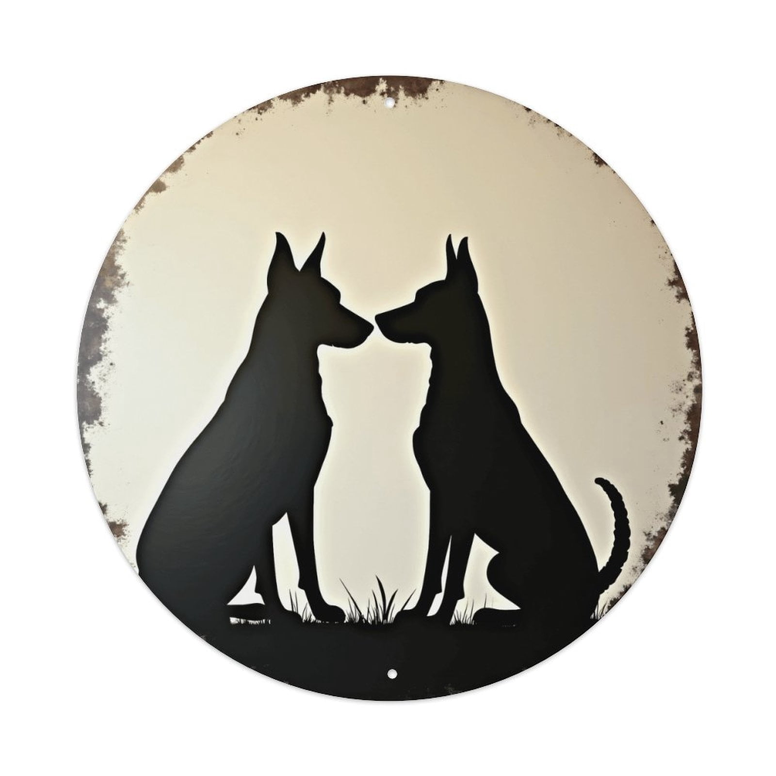 Round Metal Tin Sign Rustic Wall Decor Silhouette Dogs Sitting Round ...