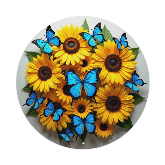 Round Metal Tin Sign Rustic Wall Decor Sunflowers Blue Butterflies Round Metal Sign Plaque for Home Garden Kitchen Bar Cafe Restaurant Garage Retro Vintage Wall Art 8x8 Inch
