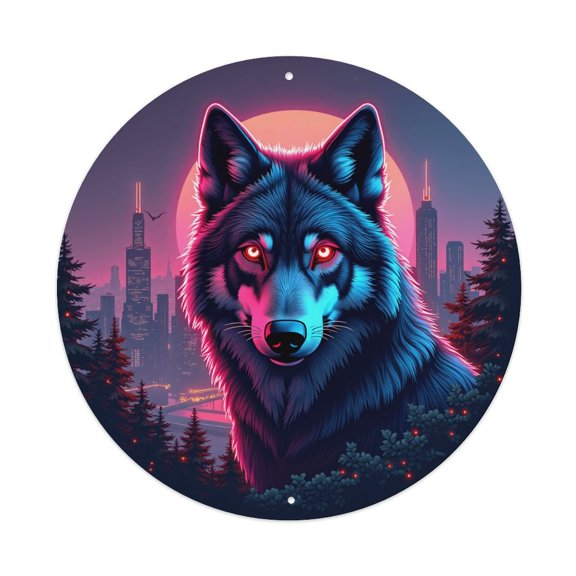 Round Metal Tin Sign Rustic Wall Decor Wolf Fantasy Night Round Metal Sign Plaque for Home Garden Kitchen Bar Cafe Restaurant Garage Retro Vintage Wall Art 8x8 Inch