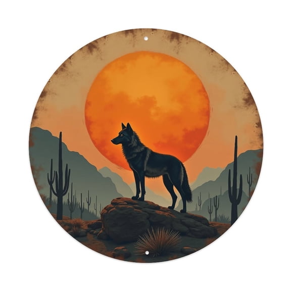Round Metal Tin Sign Rustic Wall Decor Wolf Sunset Desert Round Metal Sign Plaque for Home Garden Kitchen Bar Cafe Restaurant Garage Retro Vintage Wall Art 8x8 Inch