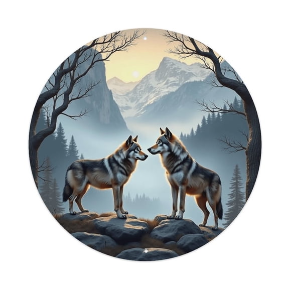Round Metal Tin Sign Rustic Wall Decor Wolves Sunrise Round Metal Sign Plaque for Home Garden Kitchen Bar Cafe Restaurant Garage Retro Vintage Wall Art 8x8 Inch
