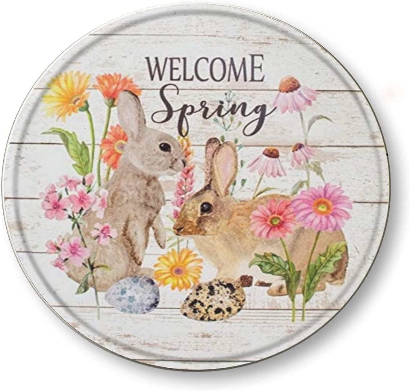 Round Metal Tin Sign Wall Plaque Welcome Spring Rabbits Wreath Sign ...