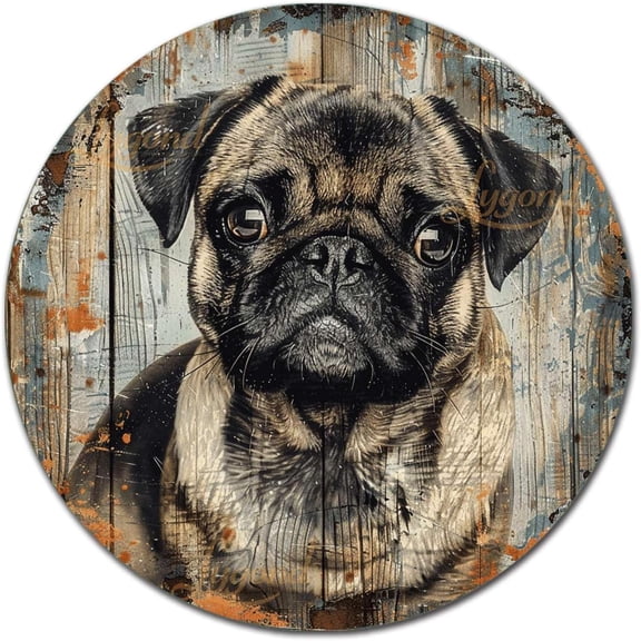 Round Metal Tin Sign With Pug Dog Design Boho Wall Decor for Home or Restaurant 8 x 8 Inches