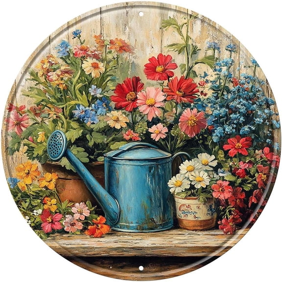 Round Metal Tin Sign Wreath Flower Vintage Wall Art Decor for Home Patio Yard 8 x 8 Inch