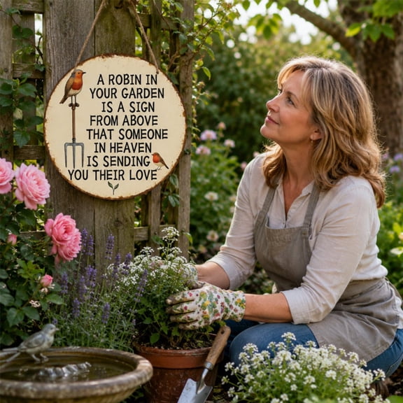 Round Metal Tin Wall Sign 7.87in Diameter, Vintage Farmhouse Robin Bird Memorial Iron Wall Decor Plaque, Hanging Country Cottage Art for Kitchen Entryway Covered Patio Garden Shed