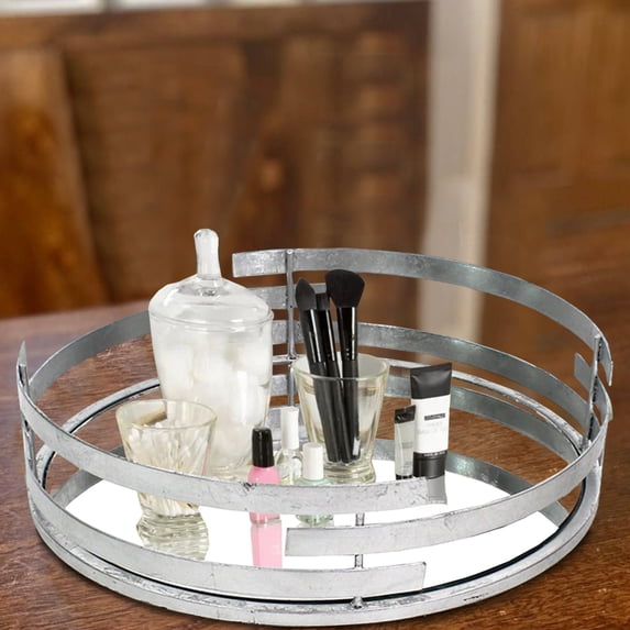Round Metal Tray with Mirror Panel Inserts, Silver