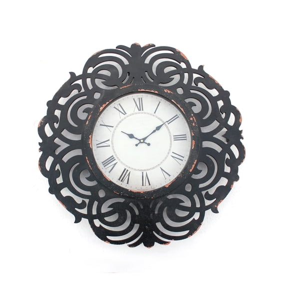 Round Metal Wall Clock with Scroll Design Frame, Antique Black