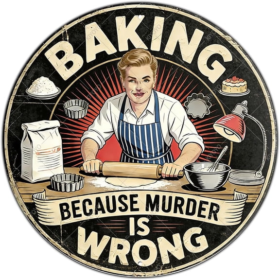 Round Metal Wall Sign, Baking Because Murder Is Wrong, Rustic Kitchen Bar Coffee Shop Restaurant Decor, 8 Inch