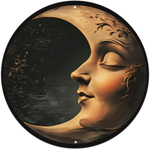 Round Metal Wall Sign Moon Face Art Vintage Tin Poster 8 x 8 Inch for Home Bar Cafe Decor