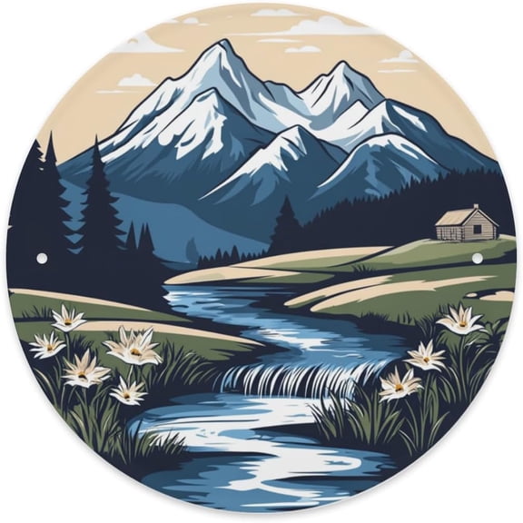 Round Metal Wall Sign, Mountain Scenery Vintage Tin Plaque, Home Art Decor for Living Room Bar Cafe, Indoor Outdoor Decorative Poster, 8 x 8 Inch