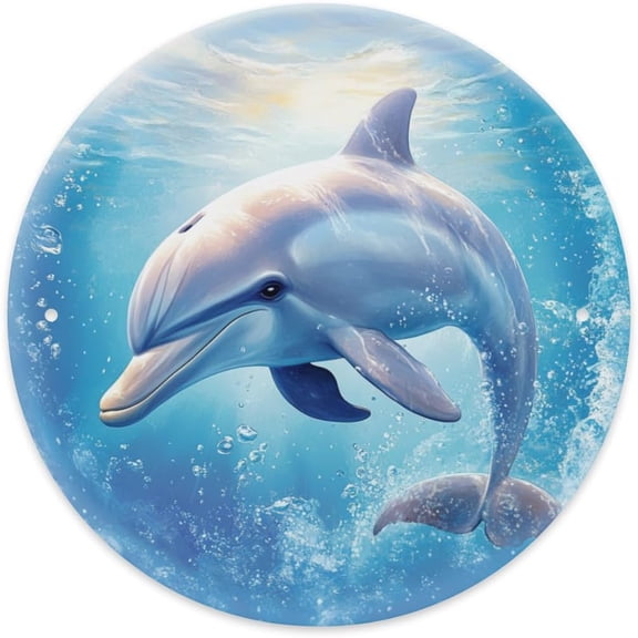 Round Metal Wall Sign With Playful Dolphin Design, Tinplate Art Decor for Home, Cafe, Indoor or Outdoor, 8 x 8 Inch
