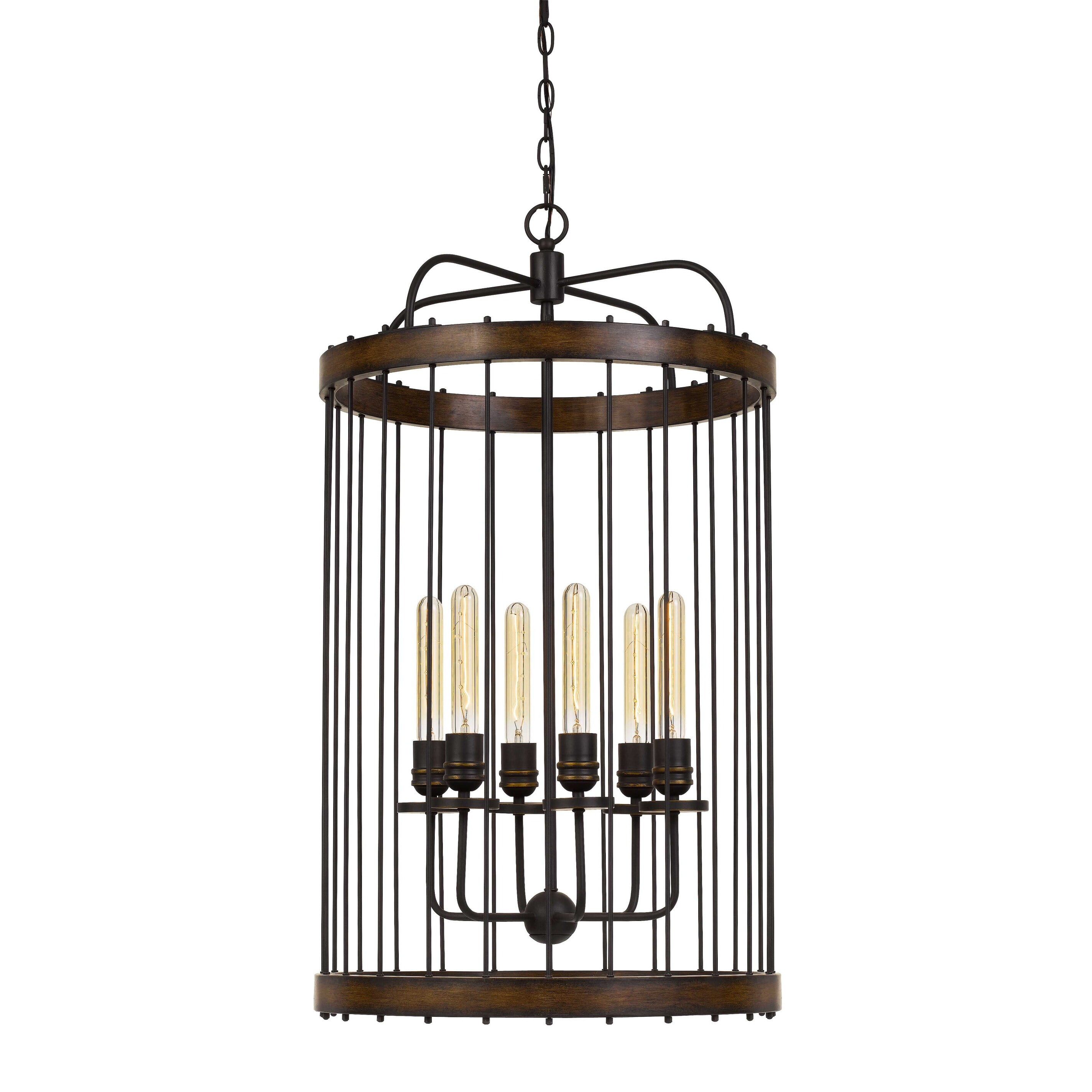 Elegant Black Metal and Solid Wood Round Cage Chandelier