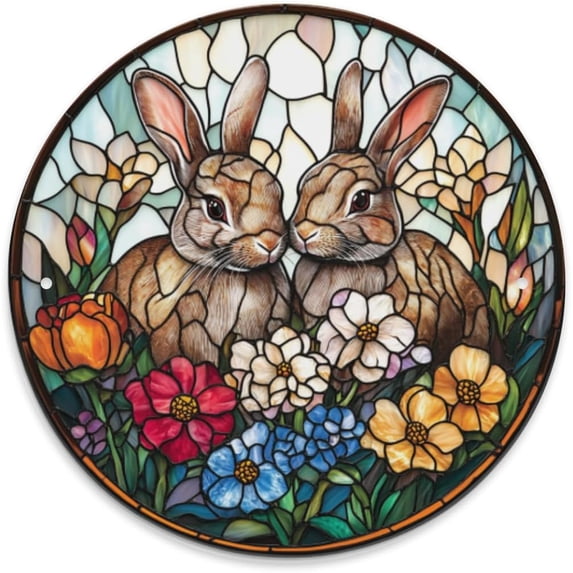 Round Metal tin sign,Colored Glass Rabbits,home Art wall decor,Festive Decorative plaque,for living room,bar,club,man cave,Yard,bathroom,circular Tinplate poster,8x8 inch
