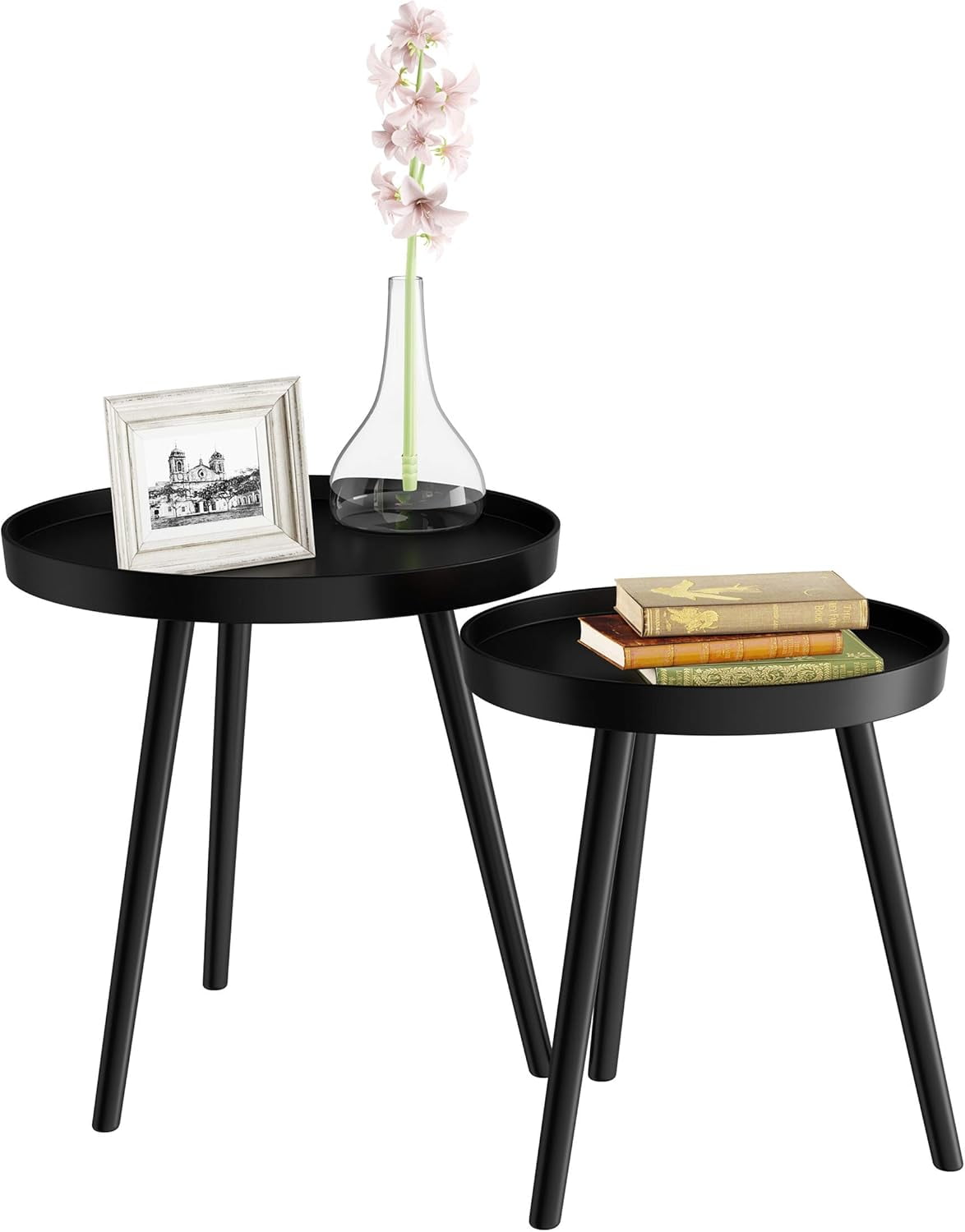Black Round Nesting End Tables with Raised Lip, Set of 2