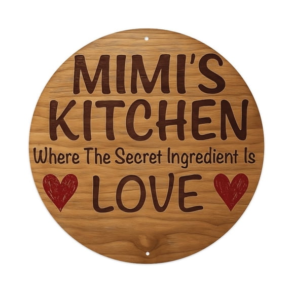 Round Mimi's Kitchen Where The Secret Ingredient Is Love Aluminum Metal Sign, 8 Inch Rustic Kitchen Wall Decor Plaque, Pre-Drilled for Easy Hanging