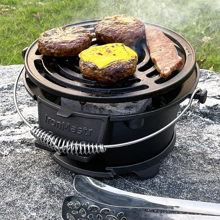 Round Mini Hibachi Grill Outdoor, Portable Charcoal Barbecue, Cast