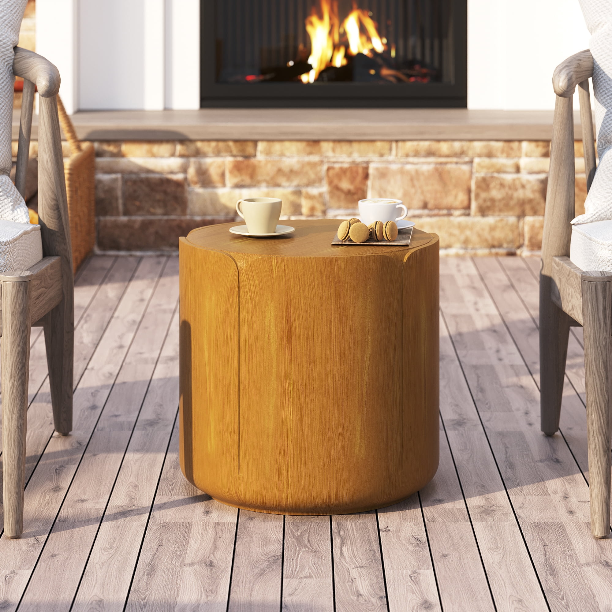 Round Mini Outdoor Side End Table, Wood Grain Lightweight Patio Accent Table for Home Garden Decor, Natural