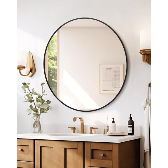 Round Mirror 18 Inch, Metal Frame Wall Mirror, Circle Decorative Mirror for Bathroom Vanity, Living Room, Entryway, Foyer, Black Aluminium Glass Matte Minimalist Water Proof