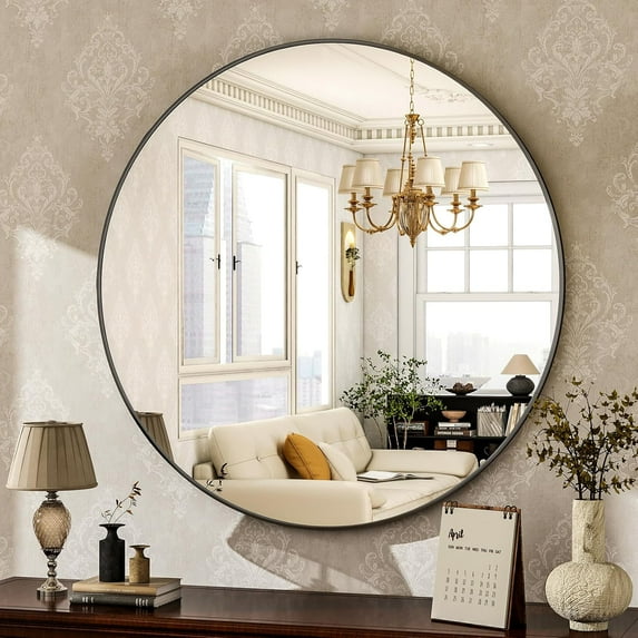 Round Mirror 24 Black Wall Mounted Circle Mirrors Vanity Mirror with Brushed Aluminum Alloy Frame Modern Decoration for Bathroom, Living Room, Vanity, Bedroom, Entryway