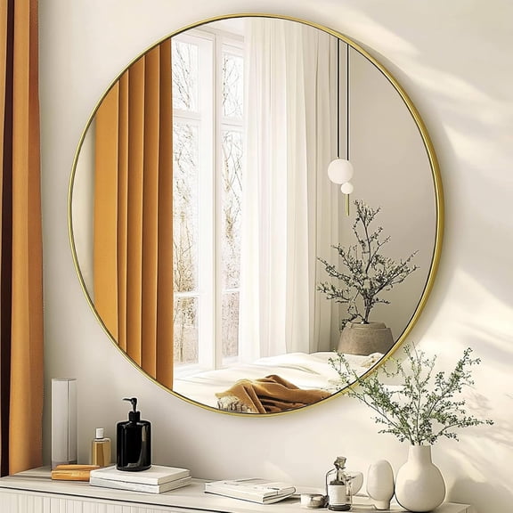 Round Mirror 30 inch Gold, Circle Mirror, Brushed Gold Metal Frame