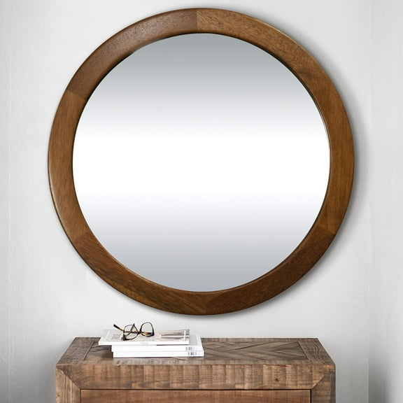 Round Mirror 36 Inch,Wood Rustic Bathroom Tempered Wall Mirror with Walnut Frame,Farmhouse Wooden Vanity Circle Mirrors for Living Room,Entryway or BedroomWalnut Brown