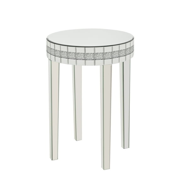 Round Mirror Accent Table, with Silver Mirror Glass Tabletop with Bling Crushed Diamond Edge Frame and Crystal Mirror Legs. End Table for Living Room, Bedroom, Coffee, Entryway,9.7" Diamet