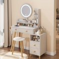 thumbnail image 1 of Round Mirror Bedside Cabinet Vanity Table + Cushioned Stool, With 2 AC Power + 2 USB socket, 17" diameter LED Mirror, Touch Control, 3-color, Brightness adjustable, Large desktop, Multi-layer Storage, 1 of 7