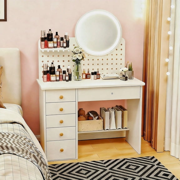 Round Mirror Dressing Table With 6 Drawers, Lockable Storage Cabinet, Pegboard Design, Change The Style At Will, Fashionable Desk Gift For Girls, Teenagers And Christmas