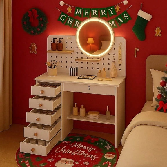 Round Mirror Dressing Table ,Vanity Desk with  with Open Organizer , Perforated Board Design, Style Changeable Dressing Table, Christmas, Christmas Gift