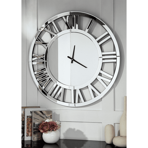 Round Mirror Wall Clock - 32" Modern Large Clocks Mirrored Wall Decor for Living Room Office Bedroom Fireplace Decor
