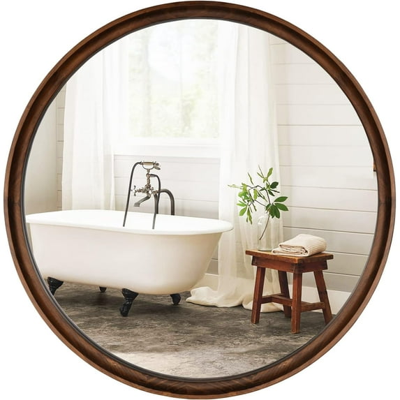 Round Mirror with Solid Wood Frame, 26" Circle Mirrors for Wall Decoration Round Wood Mirror for Bathroom Living Room Bedroom Entryway