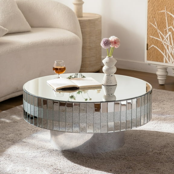 30.91" Round Mirrored Coffee Table, Silver Glam Crushed Diamond Crystal Edge, Luxury Modern Living Room Pedestal Decor, MDF+Glass