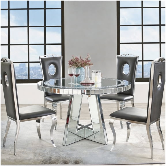 Round Mirrored Glass Dining Table with Diamond Crush Crystal Inlay and Mirrored Base