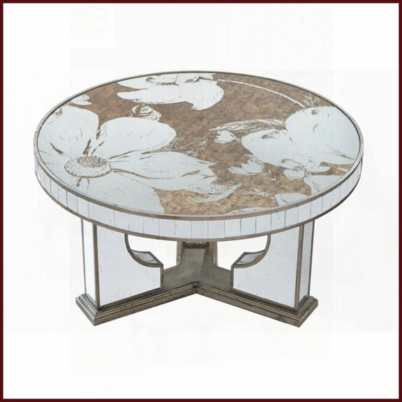 Round Mirrored Silver Coffee Table with Floral Design, 35.5x35.5x19 Inch - Complements Classic/Art Deco Decor