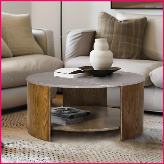 Round Mixed-Material Coffee Table with Faux Marble Top  Living Room Storage Shelf, Easy Assembly by