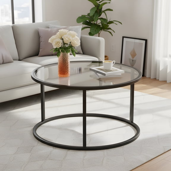 Round Modern Coffee Table - Clear Tempered Glass Top - Black Metal Frame
