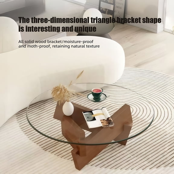 Round Modern Coffee Table for Living Room, Coffee Tables for Living Room with Glass Top and Cross Solid Wood Legs, Multifunctional Low Table for Apartment, Bedroom(Brown,80 * 80 * 31cm)
