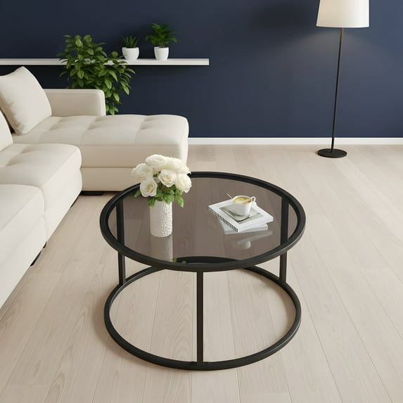 Round Modern Coffee Table - Tempered Glass Top - Living Room Accent Table