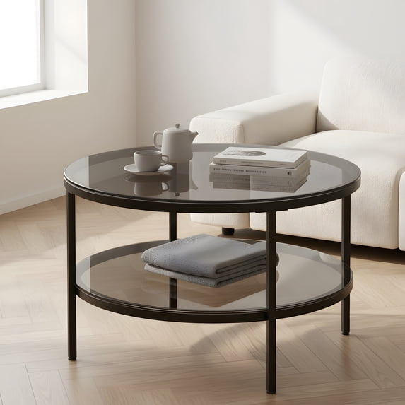 Round Modern Coffee Table with Tempered Glass Top - Black Accent Table