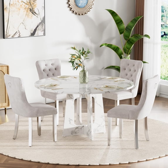 Round Modern Dining Table Set for 4, 47" Circle White Faux Marble Kitchen Table with 4 Beige Velvet Upholstered Dining Chairs, Wooden Kitchen and Dining Room Table Set for Dining Room