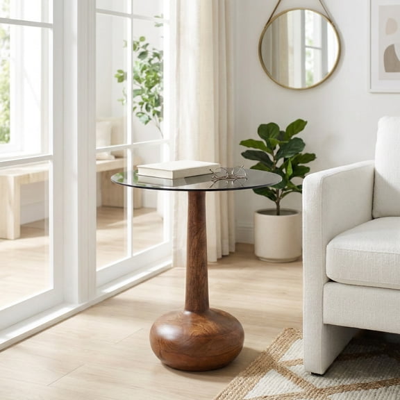 Elegant Glass Top Accent Table for Home Decor - Small Teardrop Side End Table for Small Spaces, Night Stand, and Living Room - Modern Drink Table for Entryway and Bedroom Bedside Setup - 21", Brown