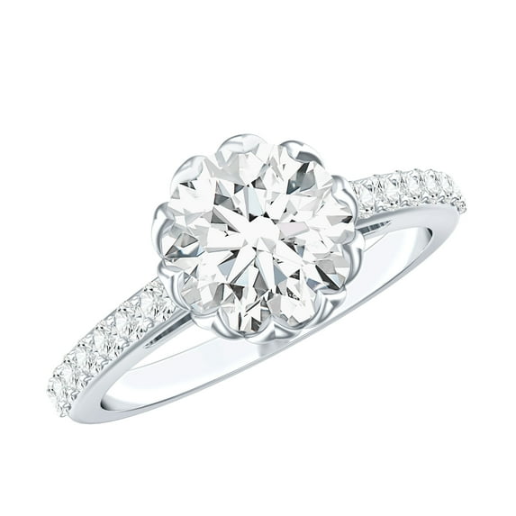 Rosec Jewels Round Moissanite Engagement Ring with Side Stones - 2 Carat Ring - 8 mm Round - D-VS1 Quality Certified, 14K White Gold, US 11.50