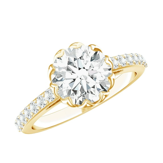 Rosec Jewels Round Moissanite Engagement Ring with Side Stones - 2 Carat Ring - 8 mm Round - D-VS1 Quality Certified, 14K Yellow Gold, US 3.50