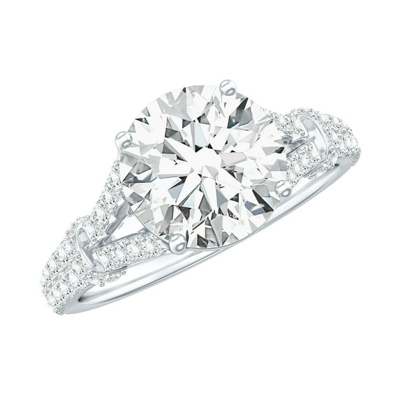 Rosec Jewels Moissanite Round Engagement Ring 2 Carat - Split Shank Ring - 8 mm - D-VS1 Quality Certified, 14K White Gold, US 6.00