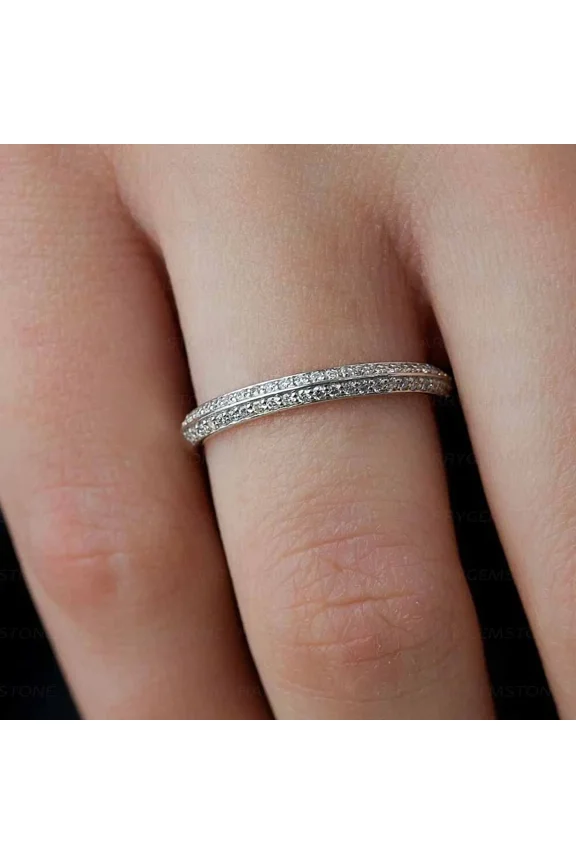 Round Moissanite Knife Edge Eternity Engagement Band Ring 14K White Gold Plated