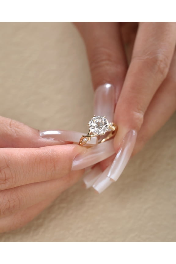 Round Moissanite Nature Inspired Engagement Ring, 14K Gold Leaf Branch Ring, April Birthstone Ring, Romantic Bridal Promise Ring