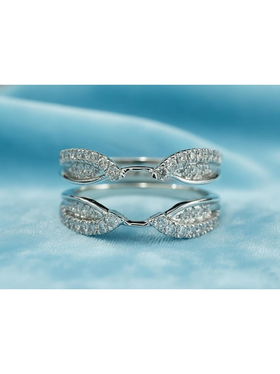 Round Moissanite Open Stacked Enhancer Wedding Band, 14K White Gold Plated 925 Sterling Silver Leaf Guard Ring, Unique Wrap Jacket Band for Women