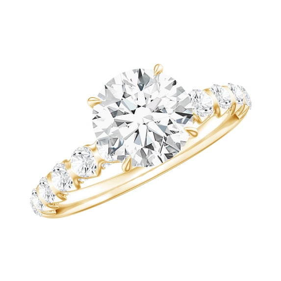 Rosec Jewels Round Moissanite Engagement Ring with Side Stones (7 mm, 1 Carat, D-VS1 Quality Certified) - With Jewelry Box, 14K Yellow Gold, US 9.00